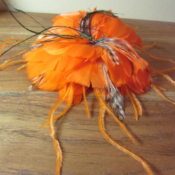 feather flower hair clip or brooch Fascinator hand made by ME! Orange (446B) - Picture 2 of 5